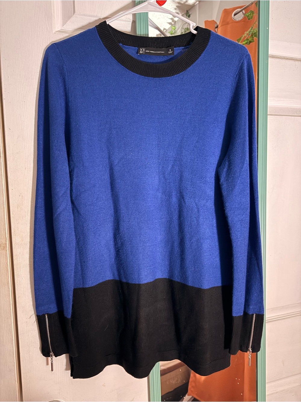 New York & Company Blue and Black Crewneck Colorblock Sweater